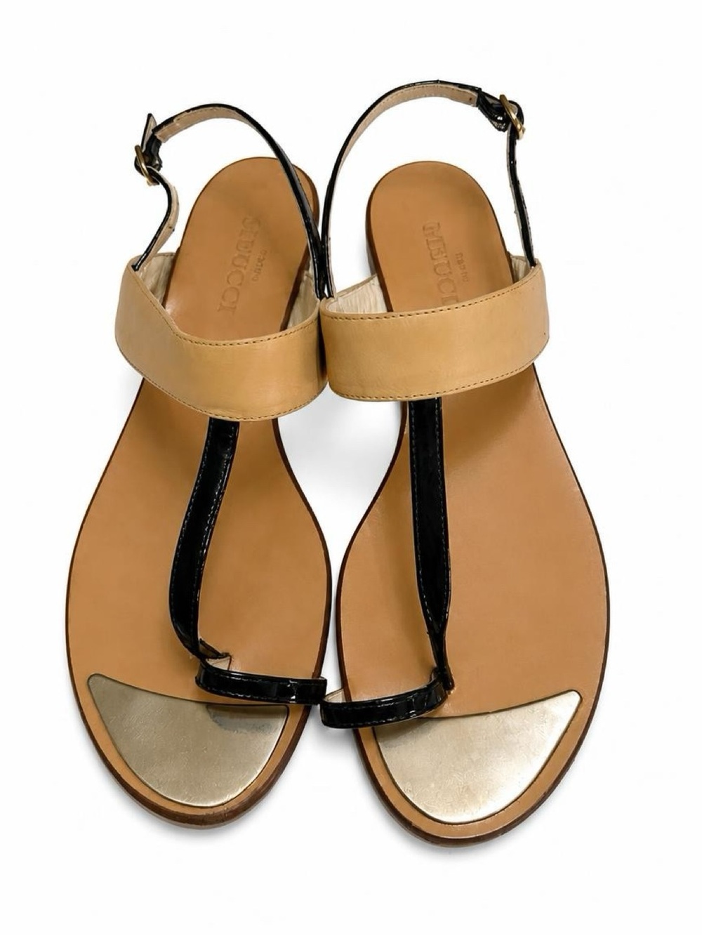 Sesto Meucci Tan and Black T-Strap Sandals with Gold Toe Accent size 8.5